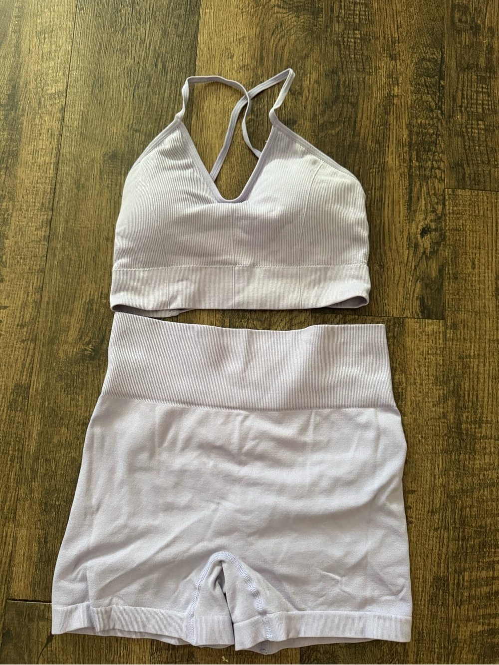 Lavender Ribbed Sports Bra and High-Waist Shorts Set